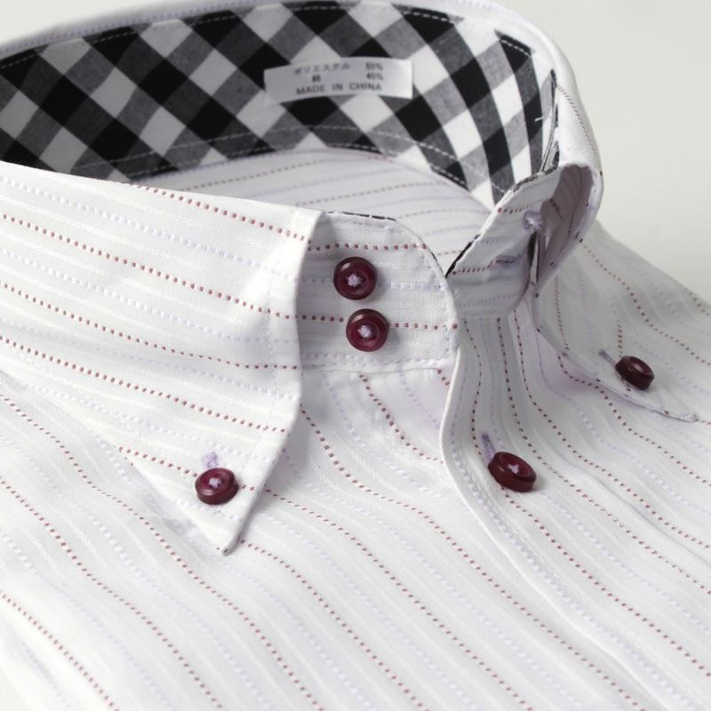 ワイシャツ長袖ボタンダウン衿ストライプ紫パープル形態安定