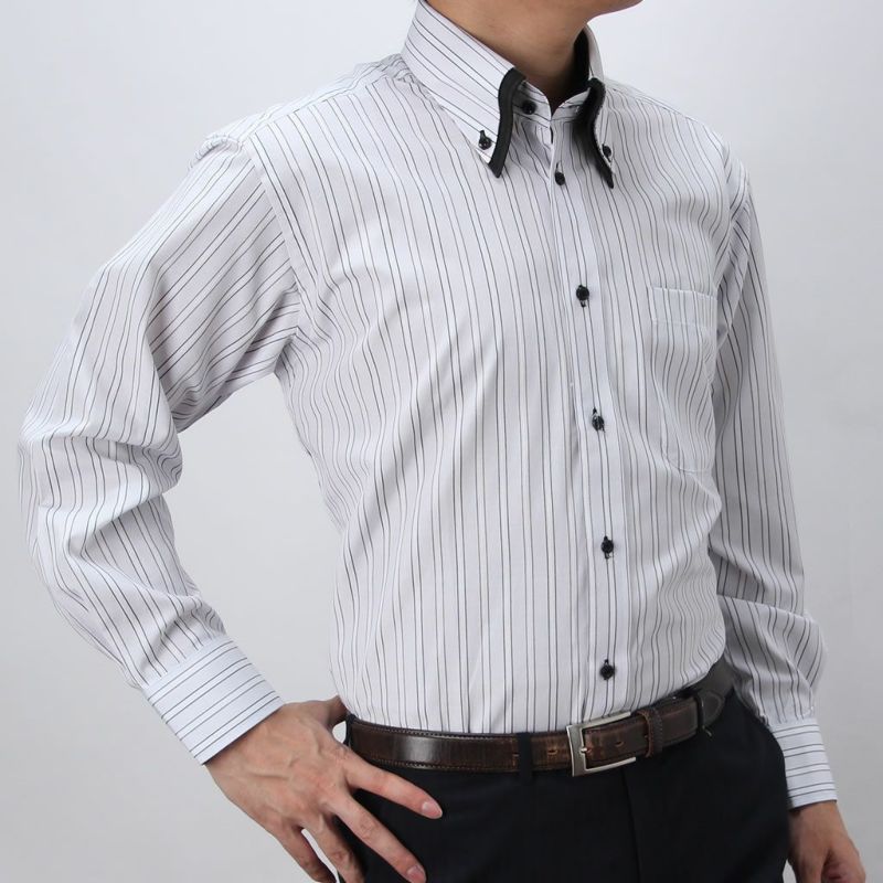 ボタンダウン ワイシャツ 長袖 グレー ストライプ 2枚衿風 ブラック 黒 | SMART BIZ (スマートビズ) - ワイシャツ専門店 (本店)