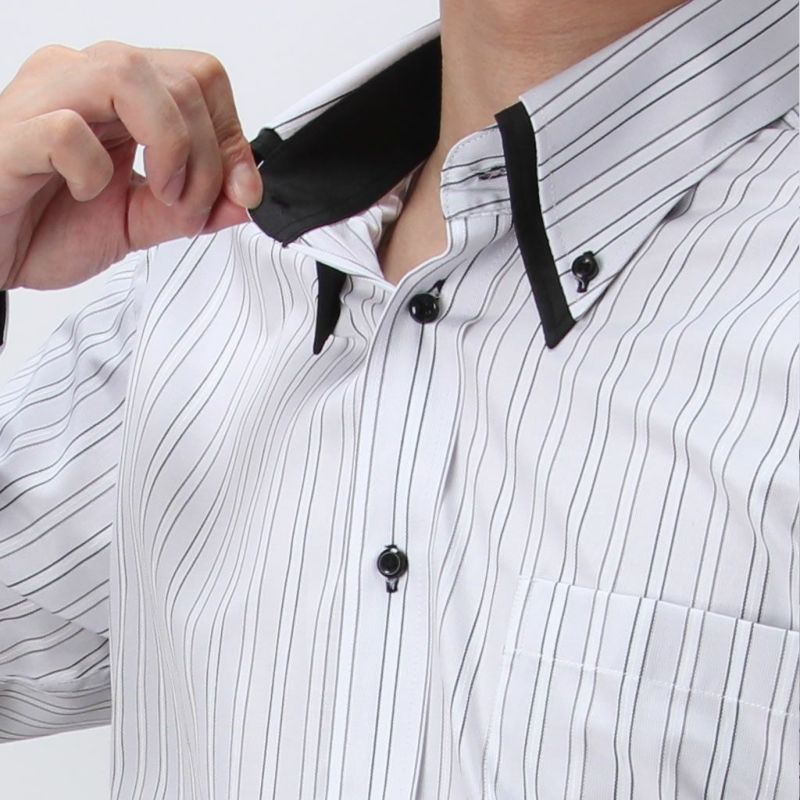 ボタンダウン ワイシャツ 長袖 グレー ストライプ 2枚衿風 ブラック 黒 | SMART BIZ (スマートビズ) - ワイシャツ専門店 (本店)